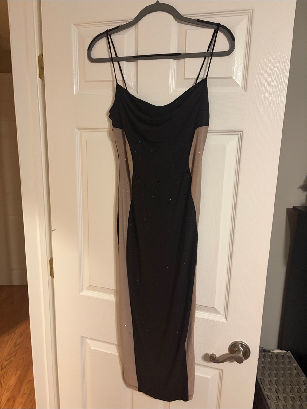Black and Taupe Slip Midi Dress with Cowl Neck